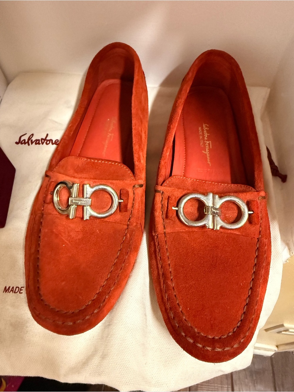 Salvatore Ferragamo Orange Suede Gancini Driving Loafers